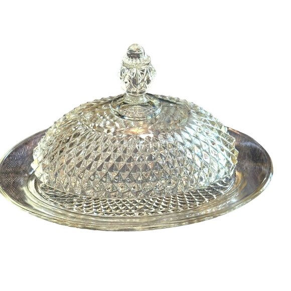 Vintage Domed Diamond Point Indiana Glass Butter Dish Oval m8 3/4" x‎ 6" - Picture 1 of 5